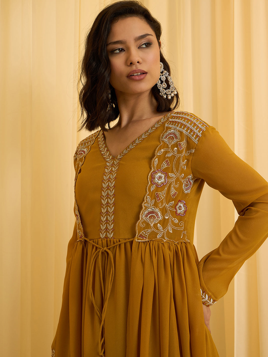 Mustard Georgette Zari Sequence Embroidered Ethnic Gown