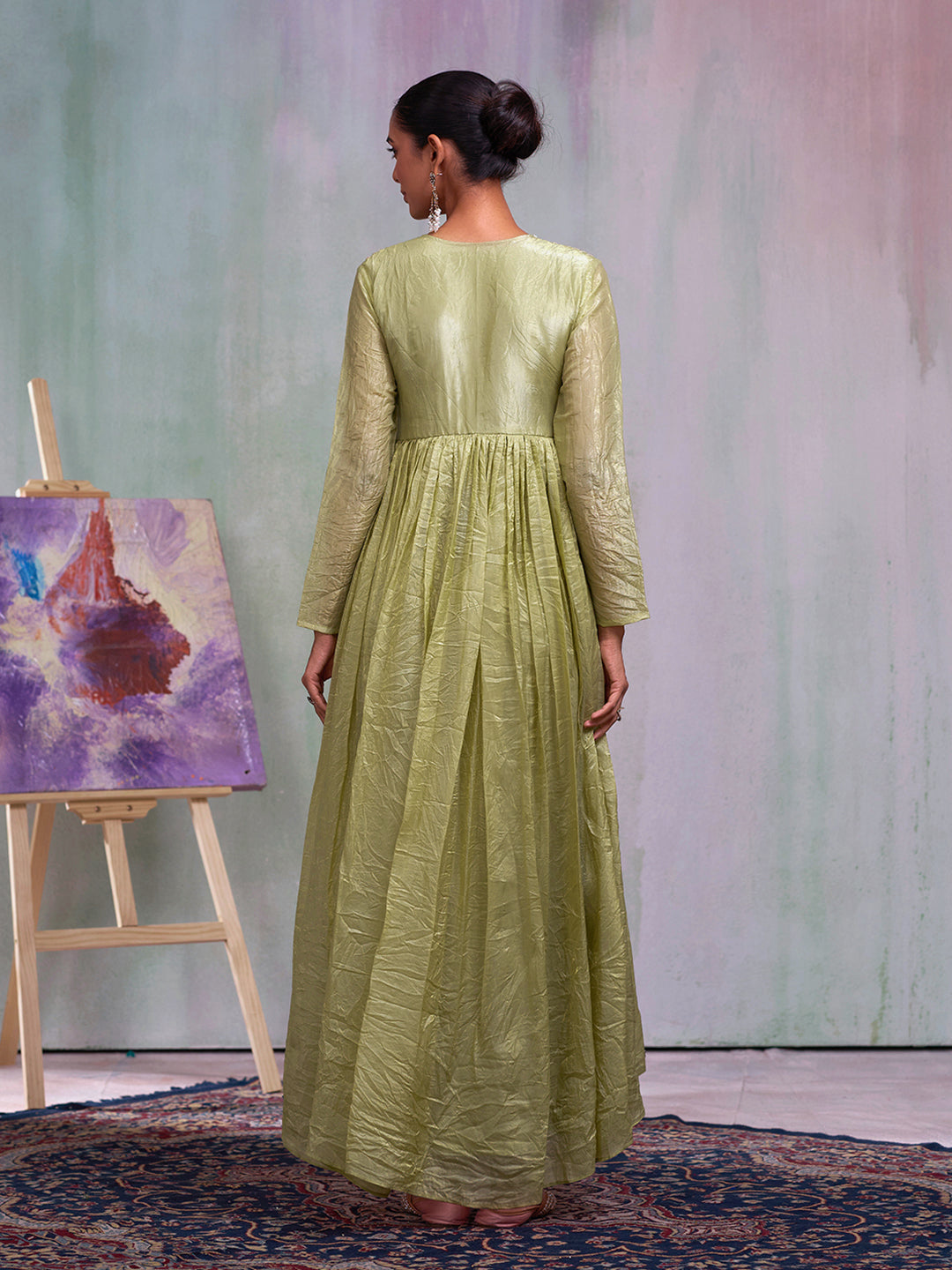 Olive Silk Blend Thread Embroidery With Pearl Embellishment Gown