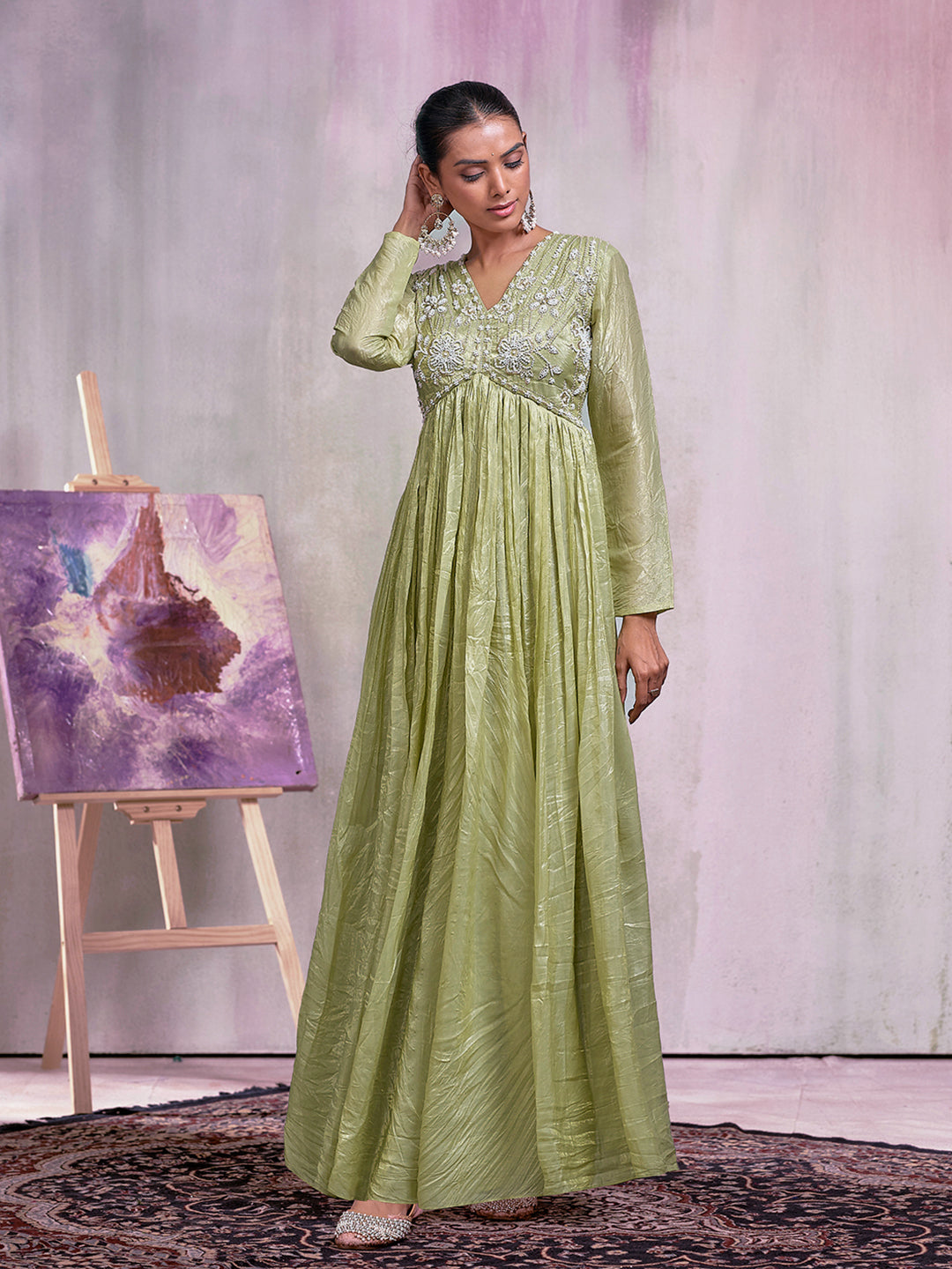 Olive Silk Blend Thread Embroidery With Pearl Embellishment Gown