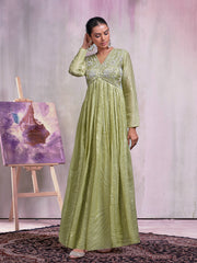 Olive Silk Blend Thread Embroidery With Pearl Embellishment Gown