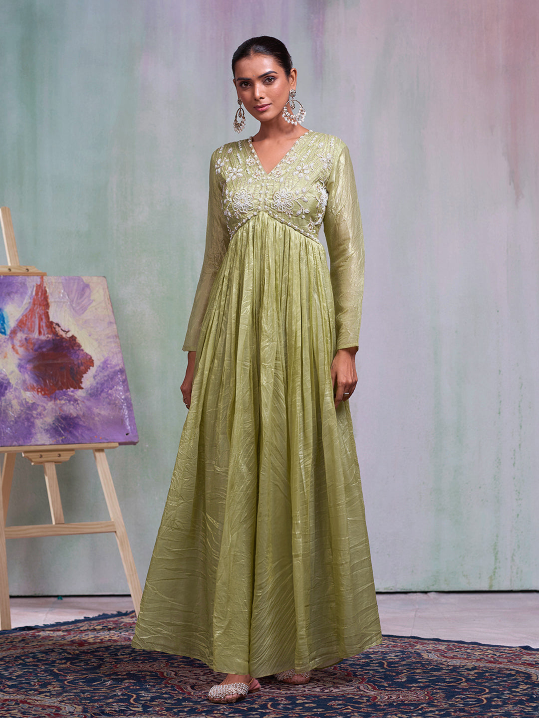 Olive Silk Blend Thread Embroidery With Pearl Embellishment Gown