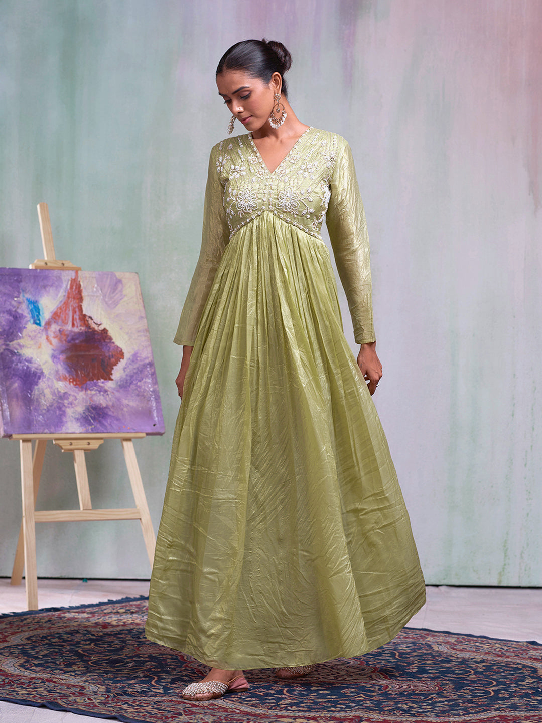 Olive Silk Blend Thread Embroidery With Pearl Embellishment Gown
