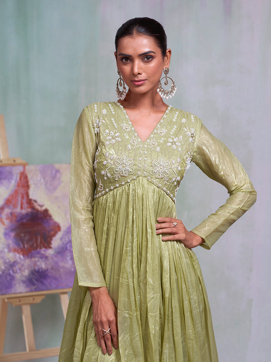 Olive Silk Blend Thread Embroidery With Pearl Embellishment Gown