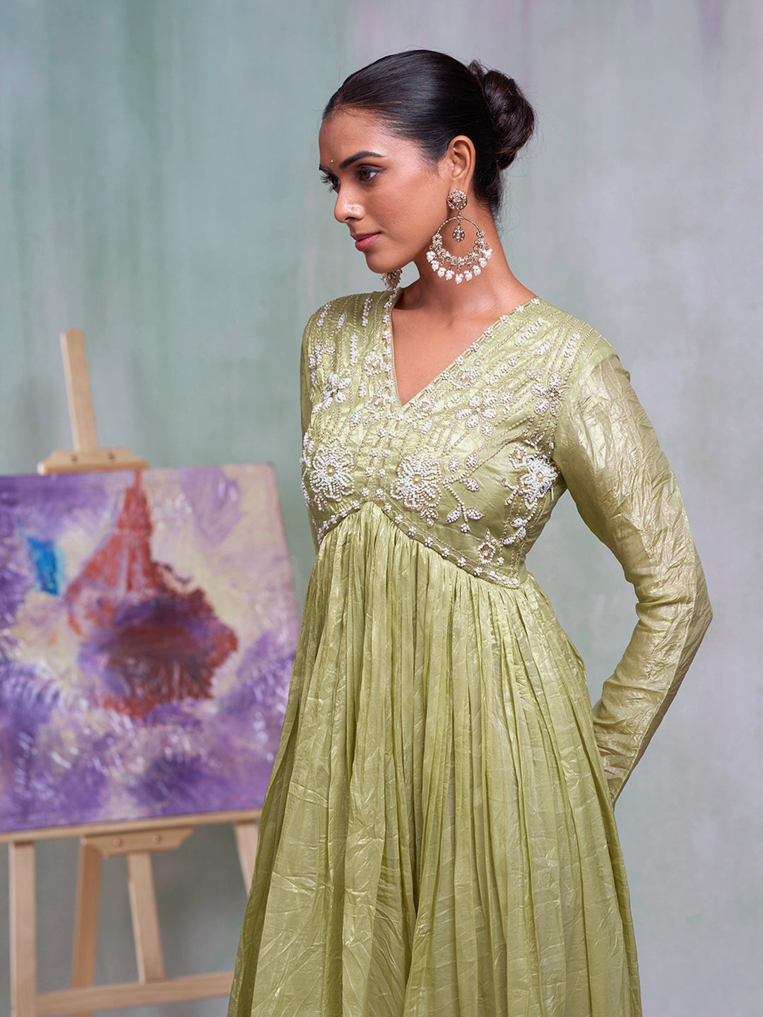 Olive Silk Blend Thread Embroidery With Pearl Embellishment Gown