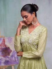 Olive Silk Blend Thread Embroidery With Pearl Embellishment Gown