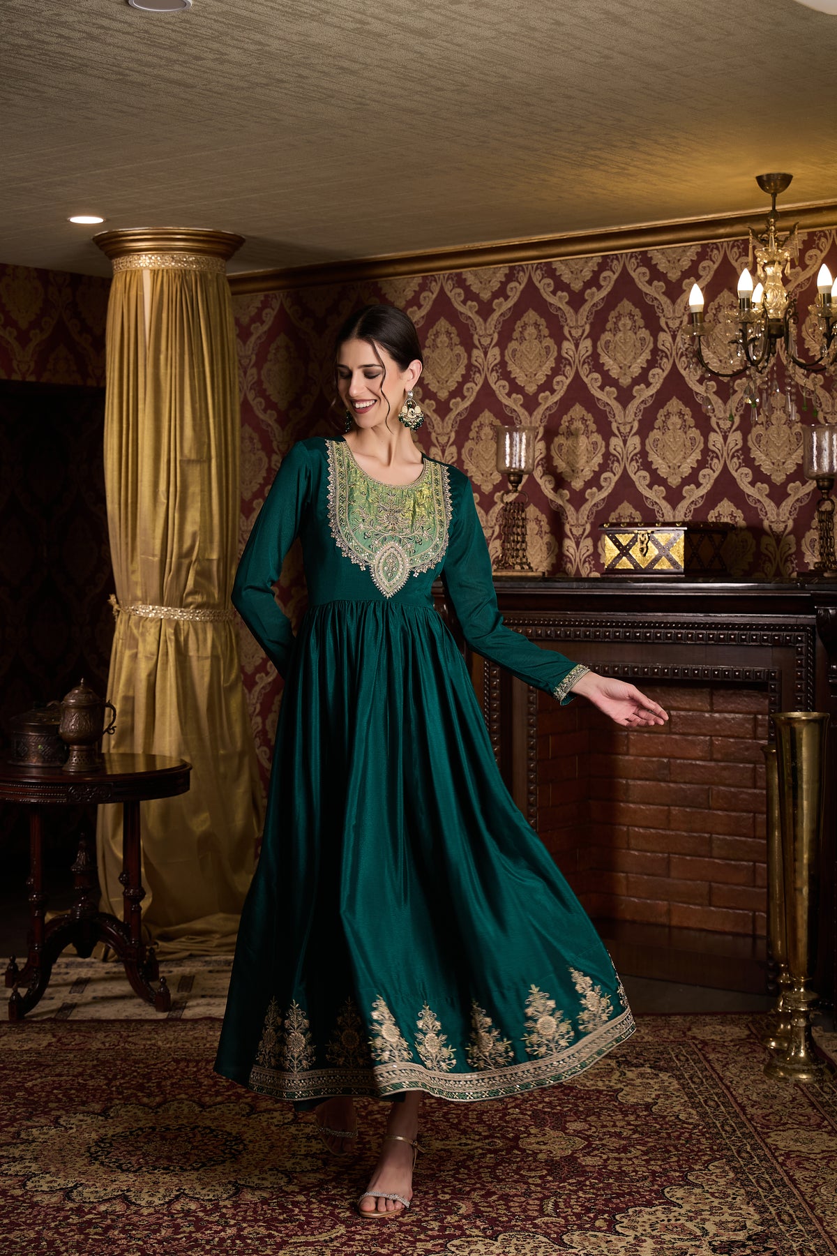 Emerald Green Embroidered Anarkali Gown