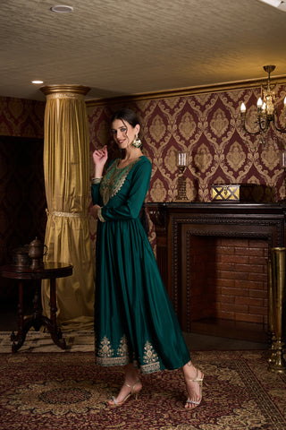 Emerald Green Embroidered Anarkali Gown