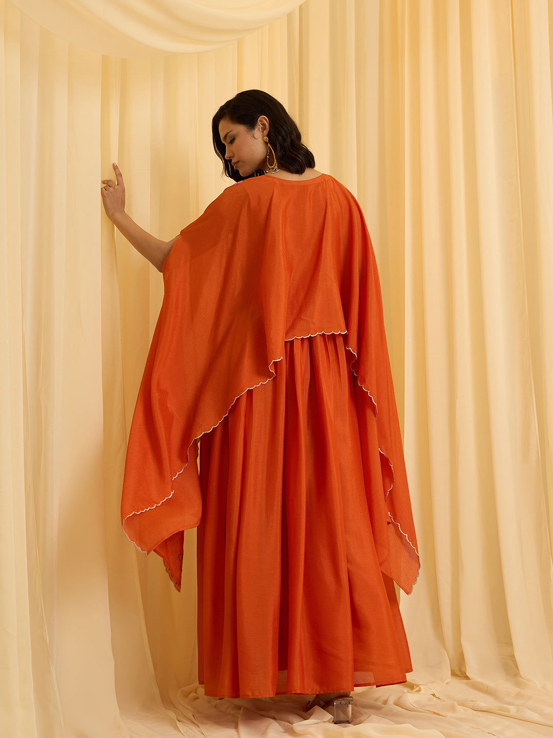 Orange Chinon Zari sequence Thread Embroidery Ethnic Gown