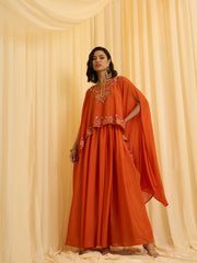 Orange Chinon Zari sequence Thread Embroidery Ethnic Gown