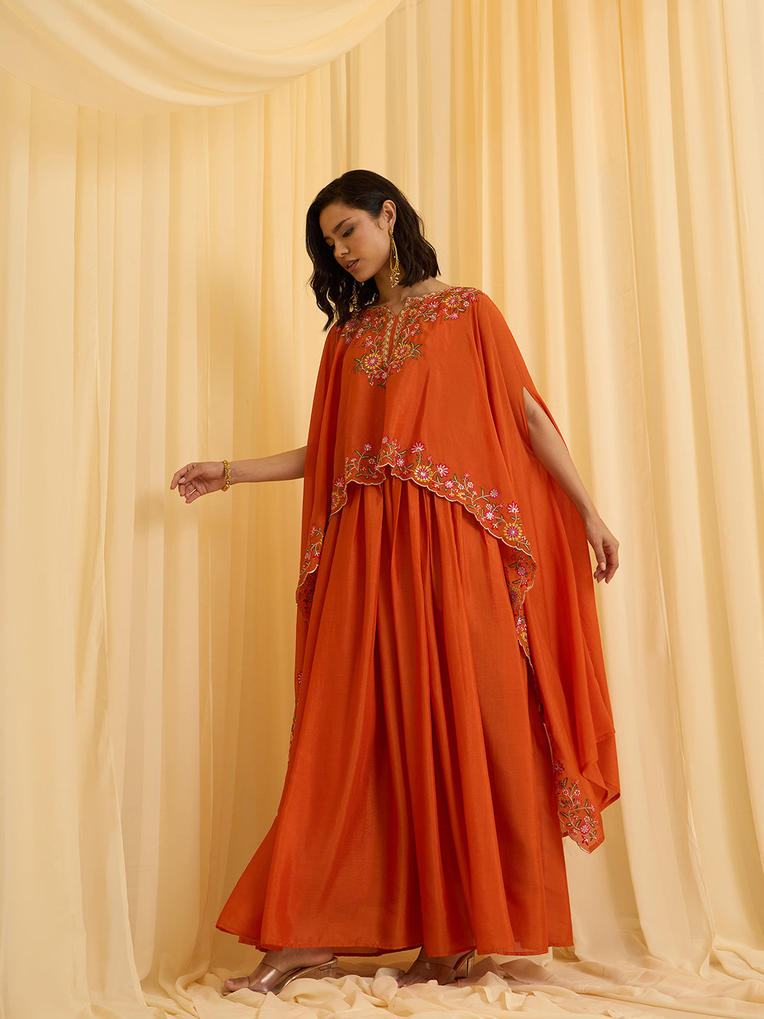 Orange Chinon Zari sequence Thread Embroidery Ethnic Gown