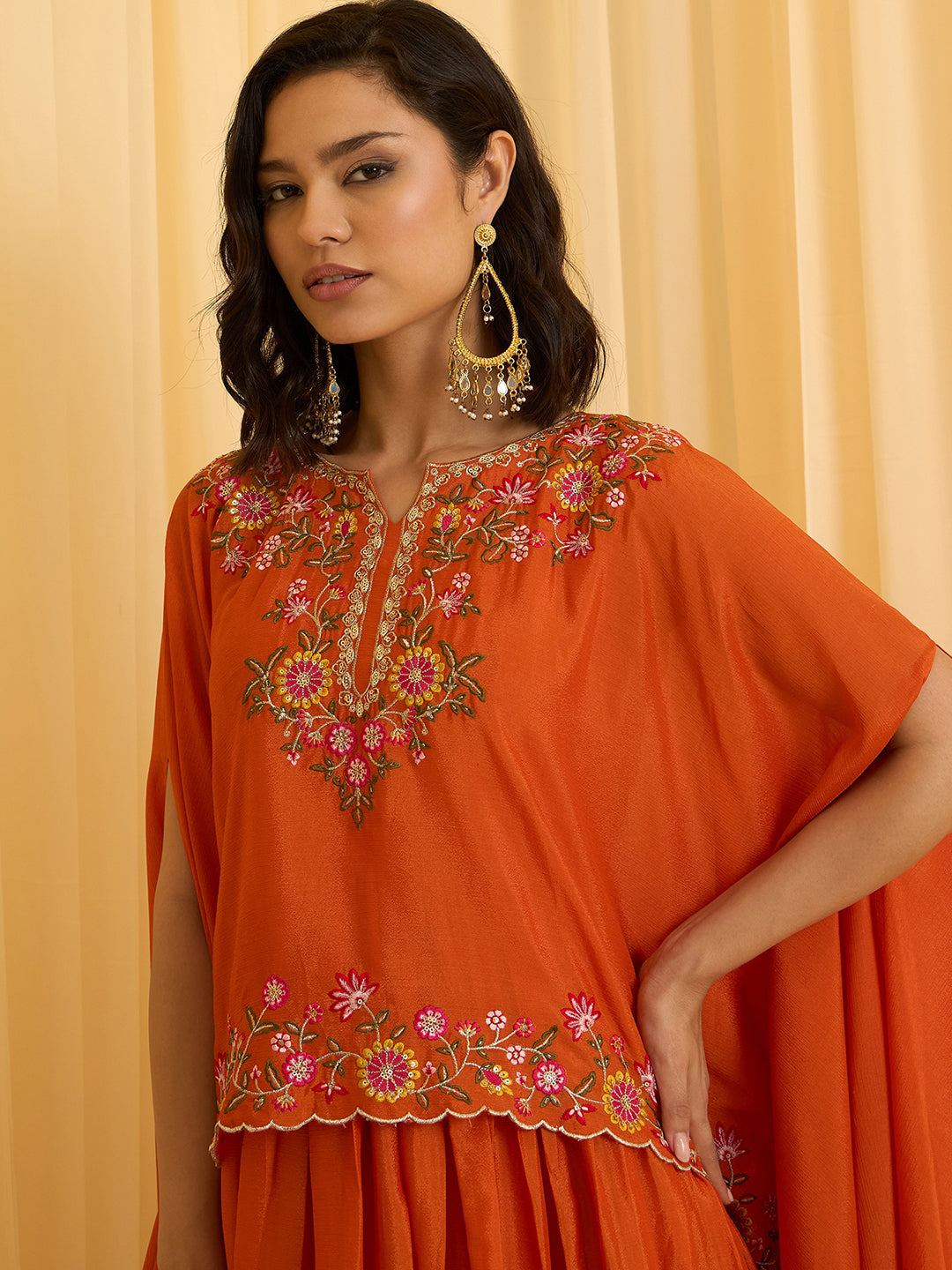 Orange Chinon Zari sequence Thread Embroidery Ethnic Gown