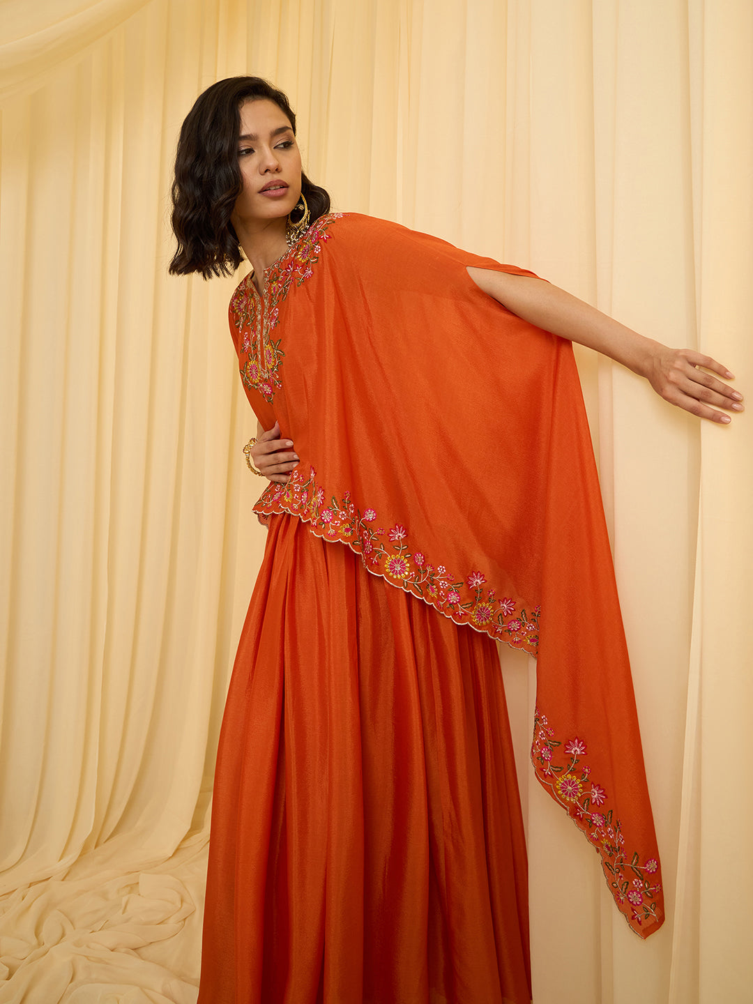 Orange Chinon Zari sequence Thread Embroidery Ethnic Gown