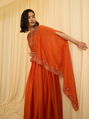 Orange Chinon Zari sequence Thread Embroidery Ethnic Gown