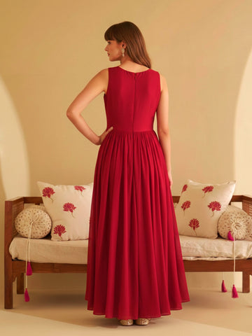 Elegant Crimson Red Floral Embroidered Sleeveless Maxi Dress