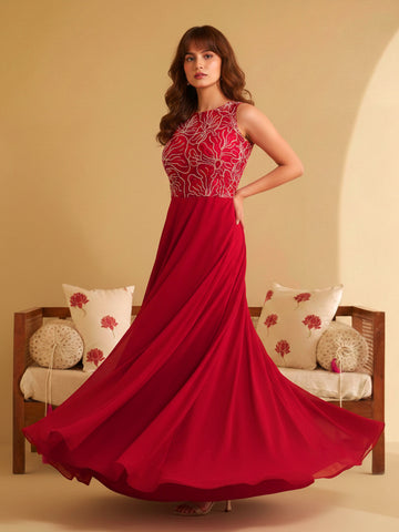 Elegant Crimson Red Floral Embroidered Sleeveless Maxi Dress
