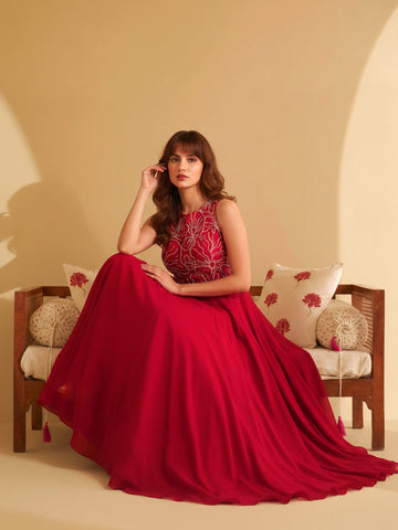 Elegant Crimson Red Floral Embroidered Sleeveless Maxi Dress