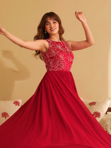 Elegant Crimson Red Floral Embroidered Sleeveless Maxi Dress