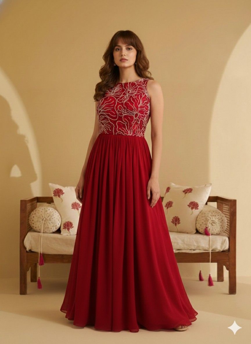 Elegant Crimson Red Floral Embroidered Sleeveless Maxi Dress
