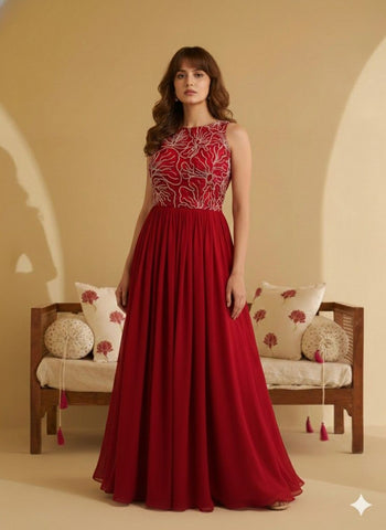 Elegant Crimson Red Floral Embroidered Sleeveless Maxi Dress