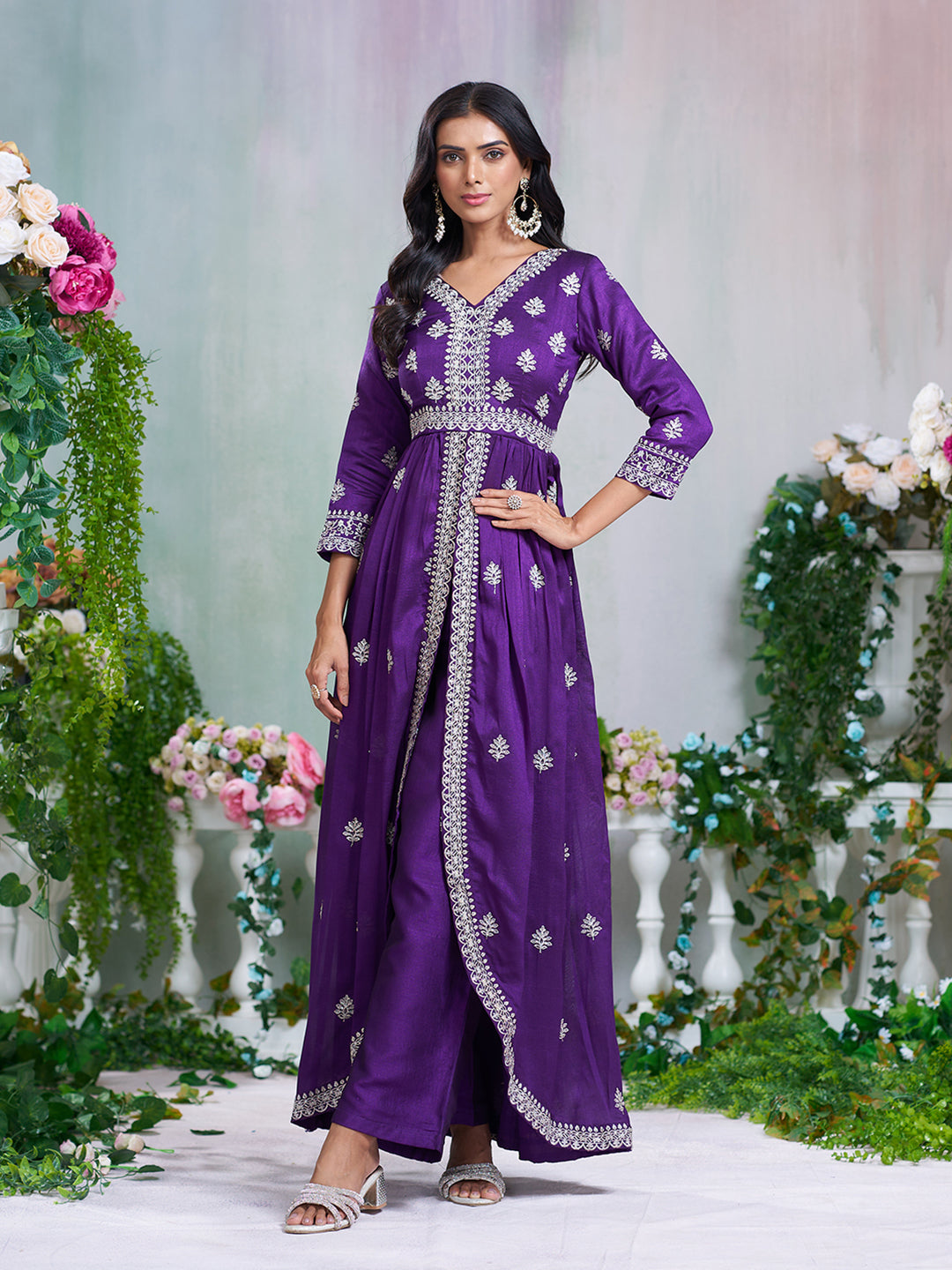 Purple Silk Blend Zari Sequence Embroidered Kurta With Palazzo