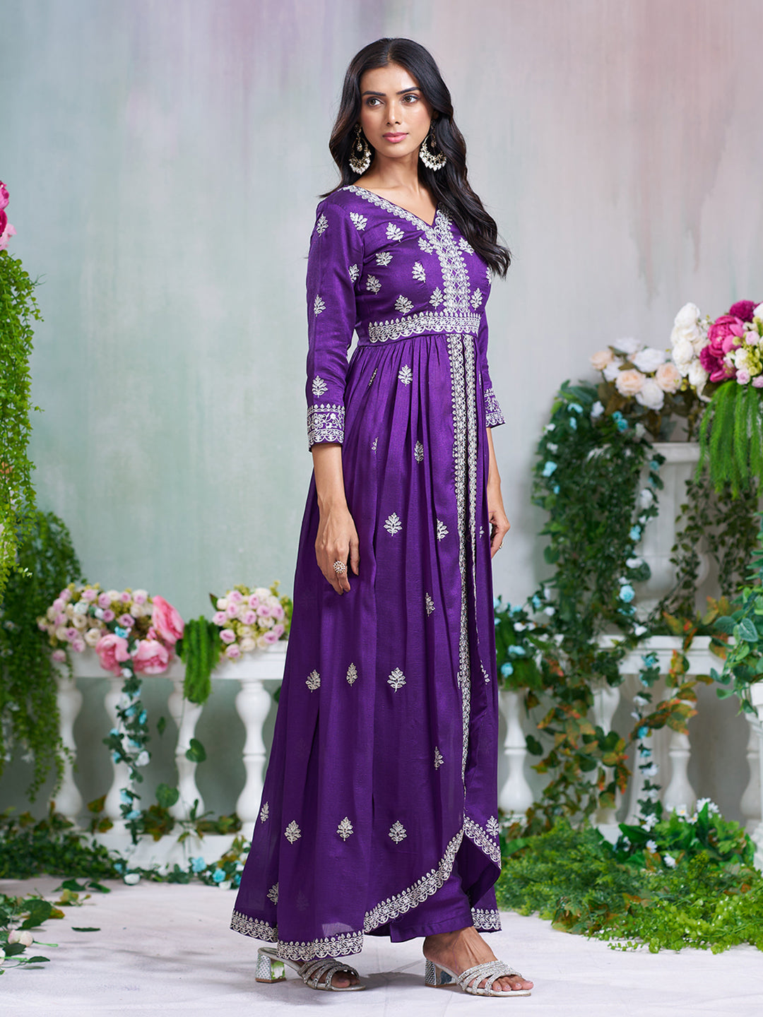 Purple Silk Blend Zari Sequence Embroidered Kurta With Palazzo