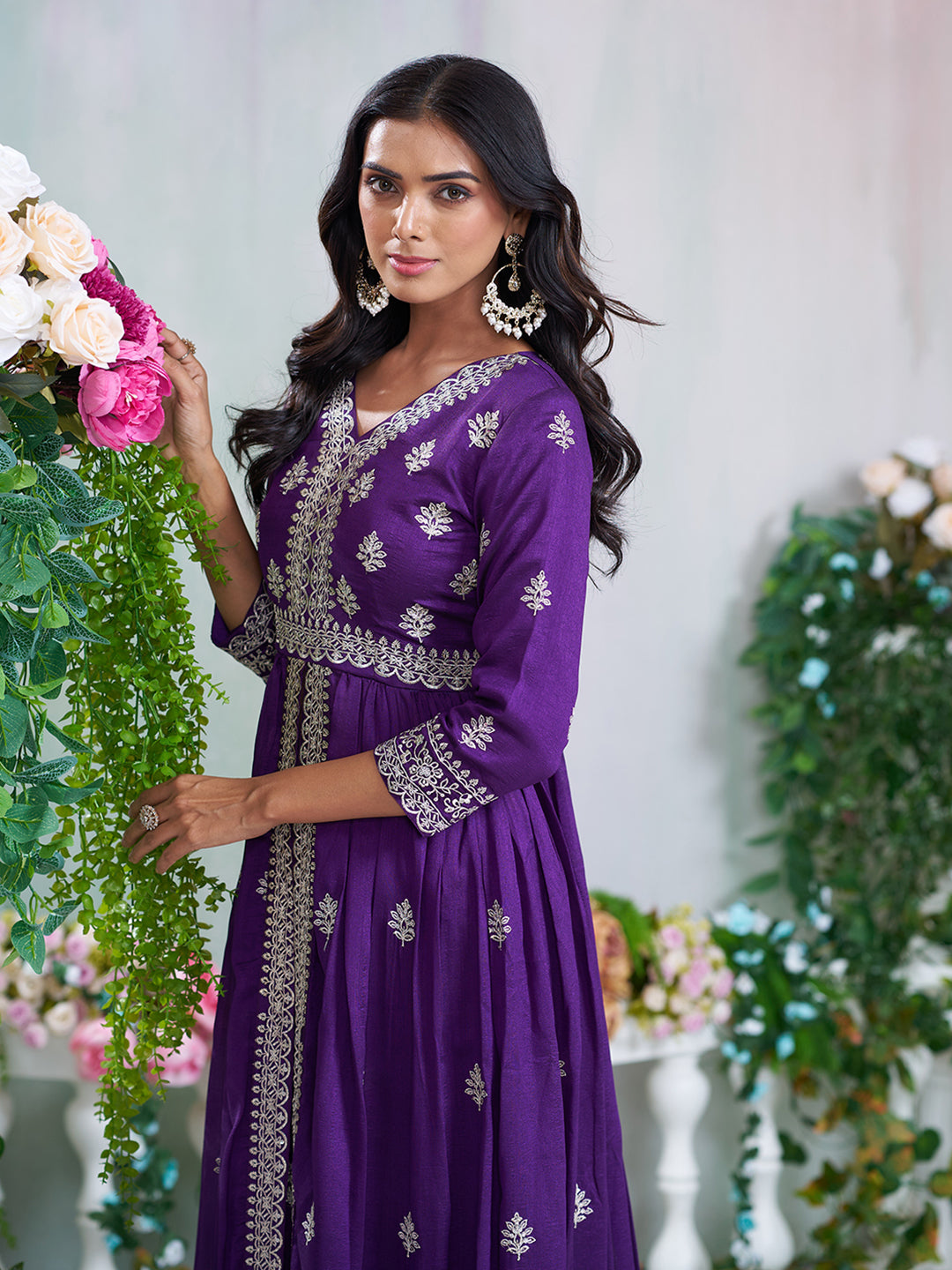 Purple Silk Blend Zari Sequence Embroidered Kurta With Palazzo