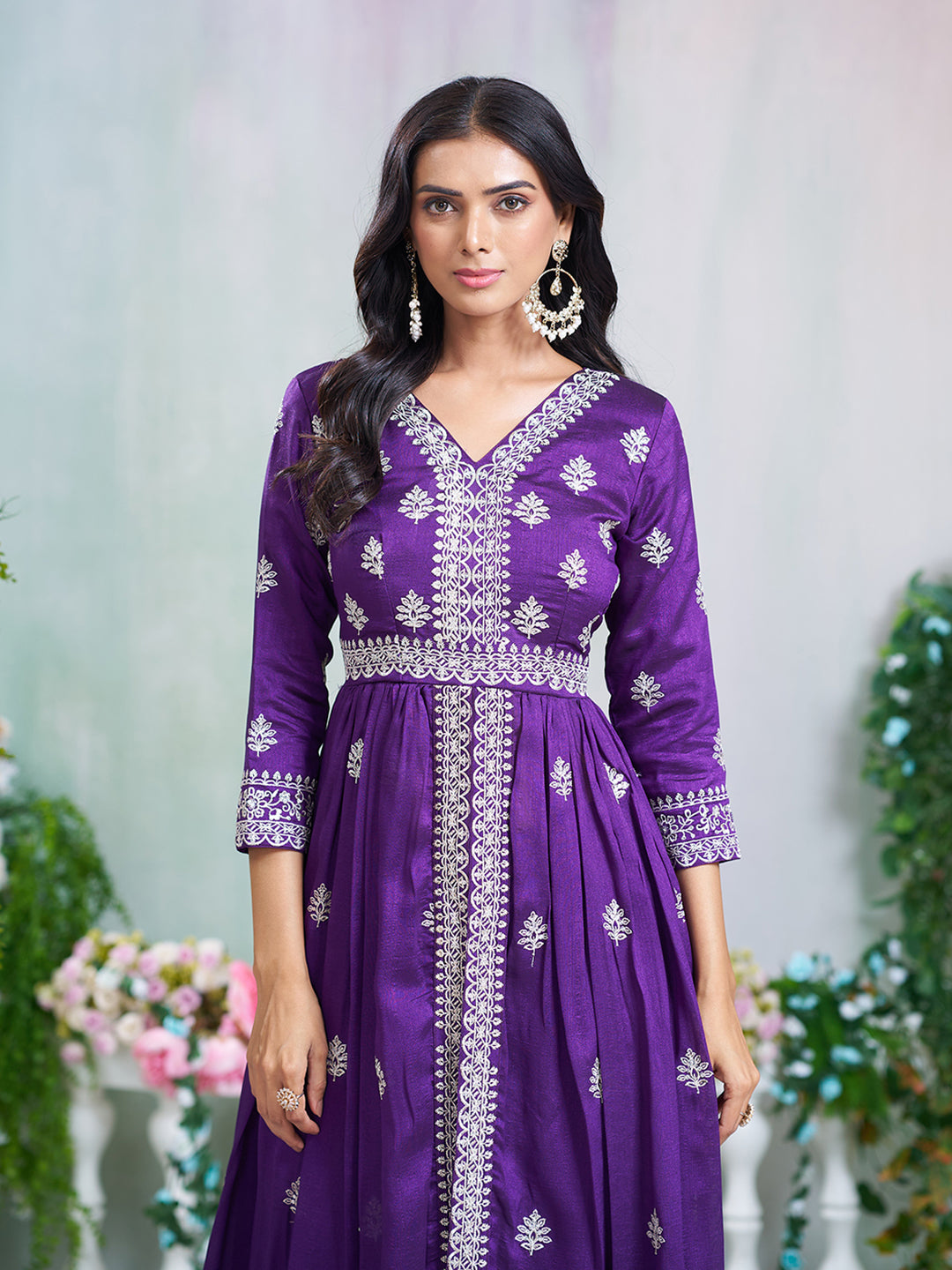 Purple Silk Blend Zari Sequence Embroidered Kurta With Palazzo