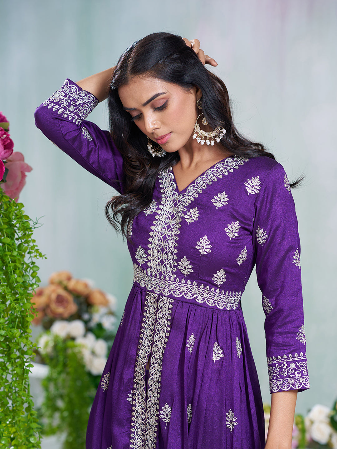 Purple Silk Blend Zari Sequence Embroidered Kurta With Palazzo