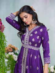 Purple Silk Blend Zari Sequence Embroidered Kurta With Palazzo