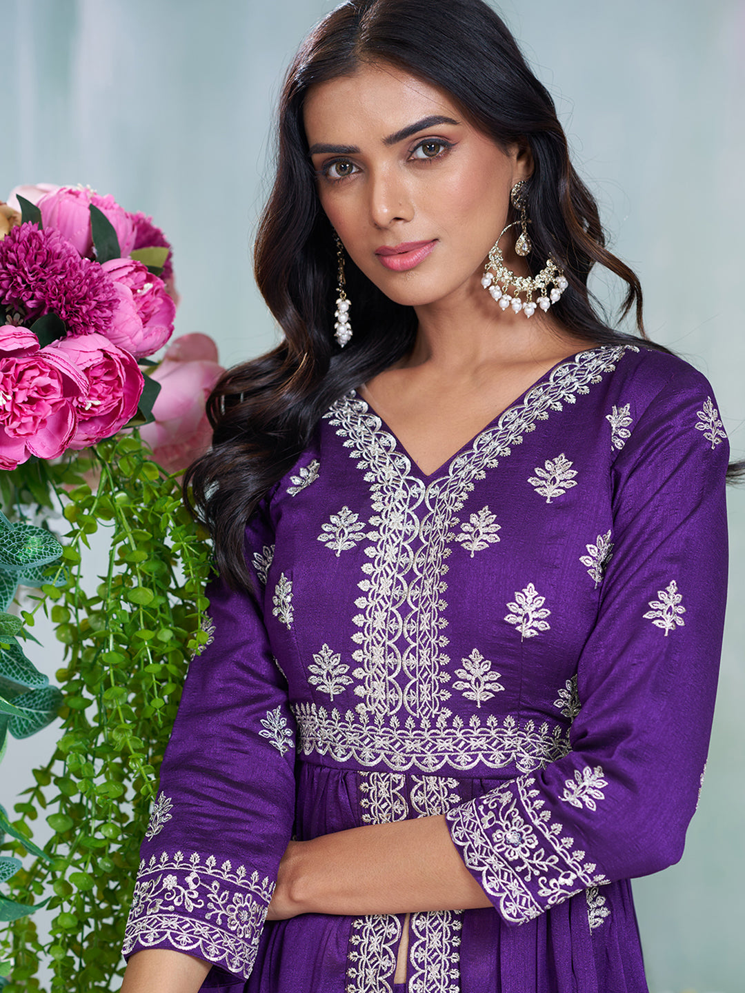 Purple Silk Blend Zari Sequence Embroidered Kurta With Palazzo