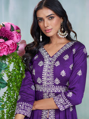 Purple Silk Blend Zari Sequence Embroidered Kurta With Palazzo