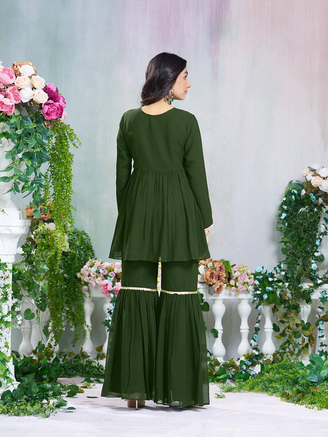 Green Georgette Gotta Lace Embellished Tiered Short Kurta with Flared Sharara Pant Set