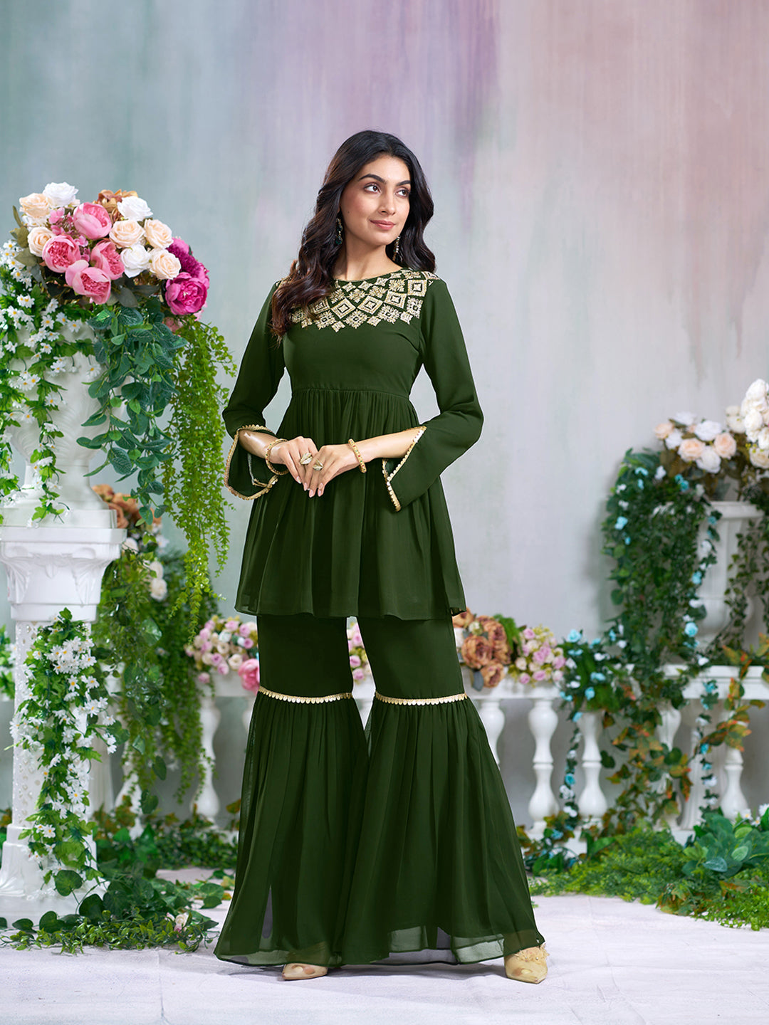 Green Georgette Gotta Lace Embellished Tiered Short Kurta with Flared Sharara Pant Set