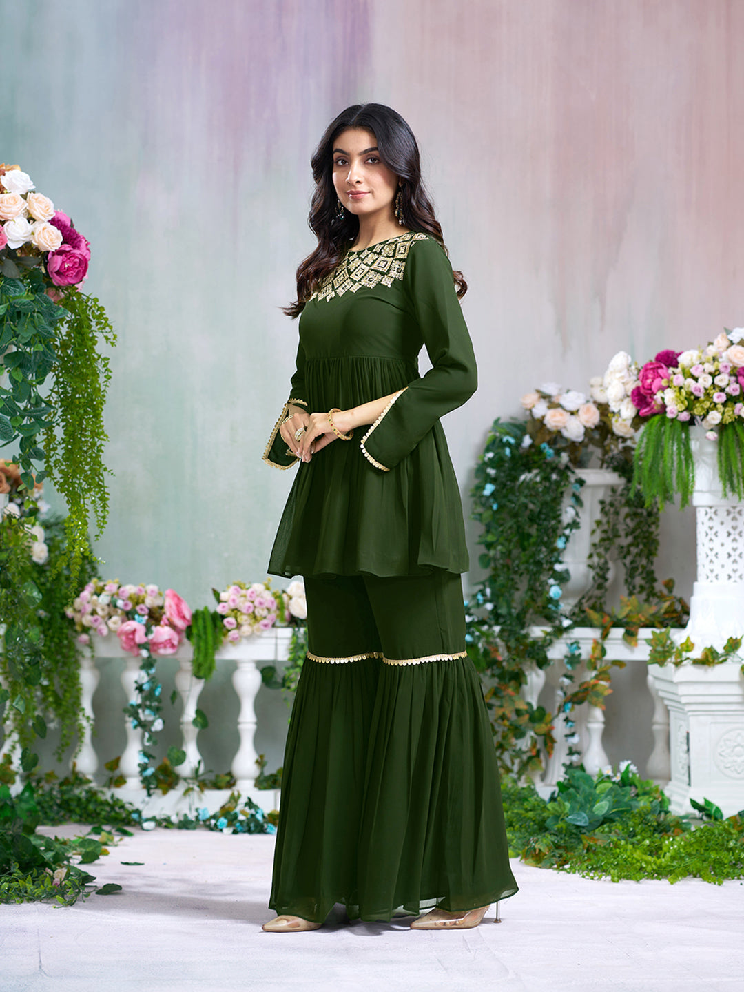 Green Georgette Gotta Lace Embellished Tiered Short Kurta with Flared Sharara Pant Set