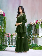 Green Georgette Gotta Lace Embellished Tiered Short Kurta with Flared Sharara Pant Set