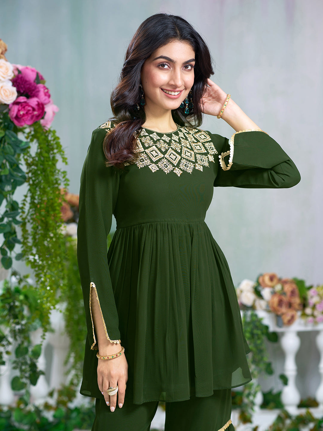Green Georgette Gotta Lace Embellished Tiered Short Kurta with Flared Sharara Pant Set