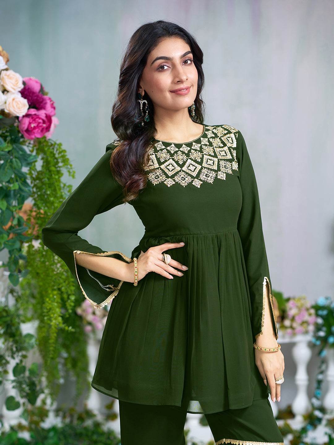Green Georgette Gotta Lace Embellished Tiered Short Kurta with Flared Sharara Pant Set