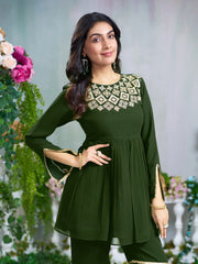 Green Georgette Gotta Lace Embellished Tiered Short Kurta with Flared Sharara Pant Set