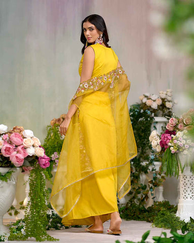 Bright Yellow Embroidered Crop Top with Drape Skirt and Cape