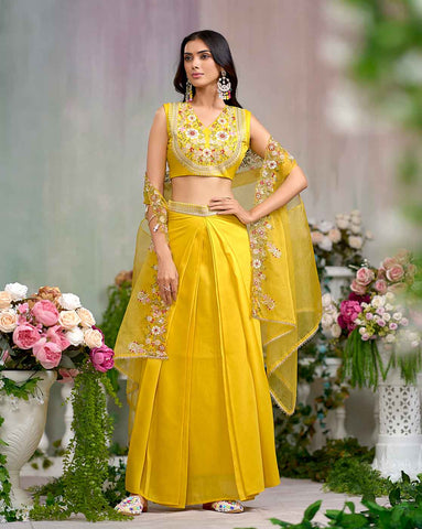 Bright Yellow Embroidered Crop Top with Drape Skirt and Cape