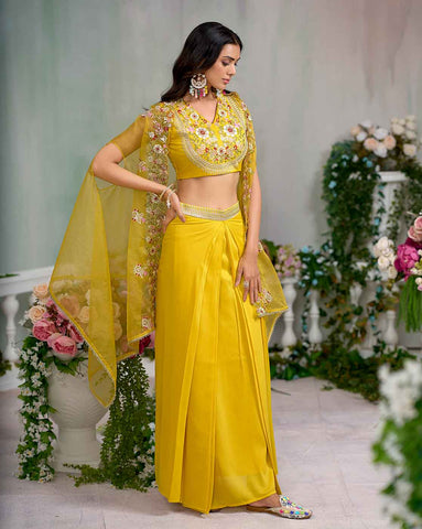 Bright Yellow Embroidered Crop Top with Drape Skirt and Cape