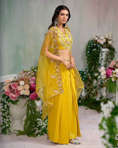 Bright Yellow Embroidered Crop Top with Drape Skirt and Cape