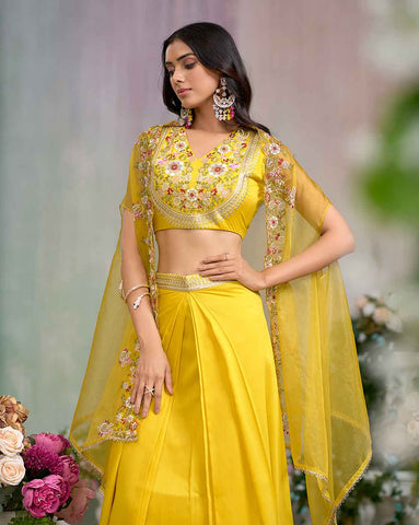 Bright Yellow Embroidered Crop Top with Drape Skirt and Cape