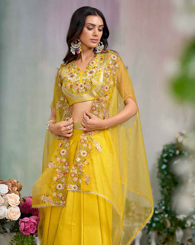 Bright Yellow Embroidered Crop Top with Drape Skirt and Cape