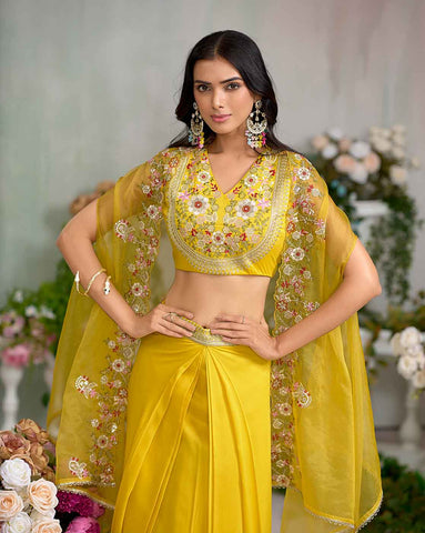 Bright Yellow Embroidered Crop Top with Drape Skirt and Cape
