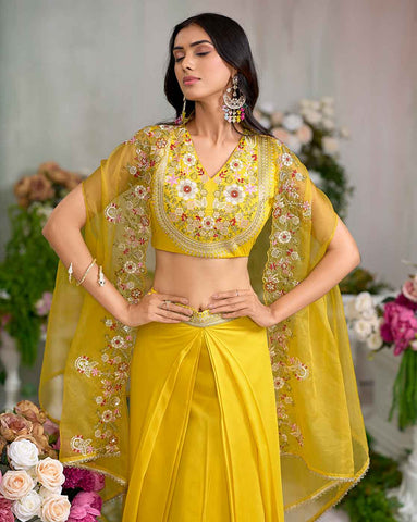 Bright Yellow Embroidered Crop Top with Drape Skirt and Cape