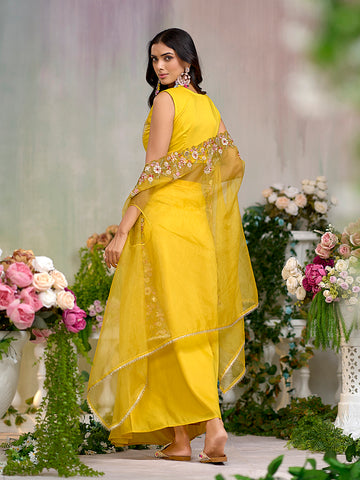 Yellow Silk Blend Thread Embroidered With Sequence  Ethnic Co-Ord Set With Shrug