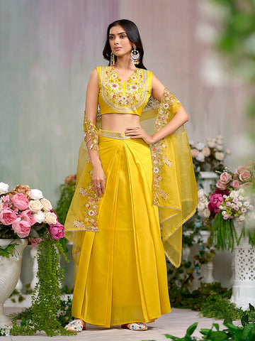 Yellow Silk Blend Thread Embroidered With Sequence  Ethnic Co-Ord Set With Shrug