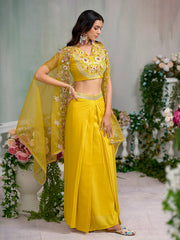 Yellow Silk Blend Thread Embroidered With Sequence  Ethnic Co-Ord Set With Shrug