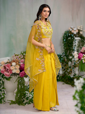 Yellow Silk Blend Thread Embroidered With Sequence  Ethnic Co-Ord Set With Shrug